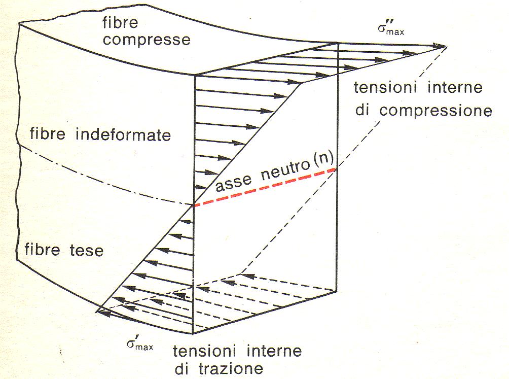 Nella trave sottoposta a flessione nascono quindi delle tensioni interne di trazione e compressione, idealmente separate dallo strato di fibre indeformate ( in fig.