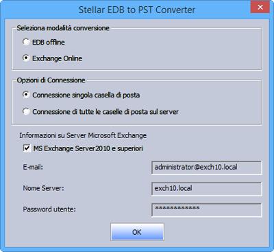 Connettersi a singole caselle di posta o a tutte Per la conversione online di file EDB in file PST, è necessario connettere la casella di posta all 'Exchange Server'.