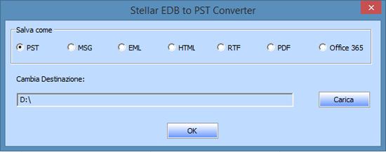 Salvare i file convertiti Stellar EDB to PST Converter consente di salvare i file convertiti in diversi formati come per esempio PST, MSG, EML, HTML, RTF, PDF e Office 365 oppure esportarli in un
