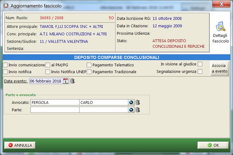 E presente nella lavorazione degli atti di parte in alto a sinistra una finestra con la scritta data evento.