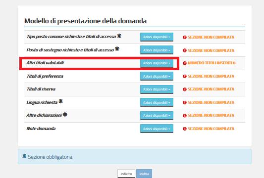 Se l utente vuole inserire ulteriori titoli valutabili posseduti deve cliccare su Azioni disponibili della relativa sezione e quindi sul tasto Accedi come già descritto.