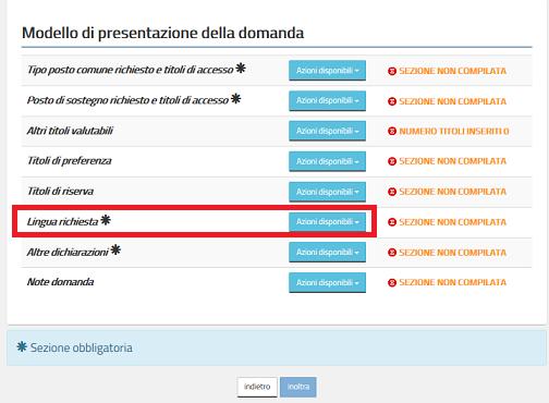 Se l utente vuole inserire la lingua straniera con cui sosterrà la prova orale, deve cliccare su Azioni disponibili della relativa sezione e quindi sul tasto Inserisci come già descritto.