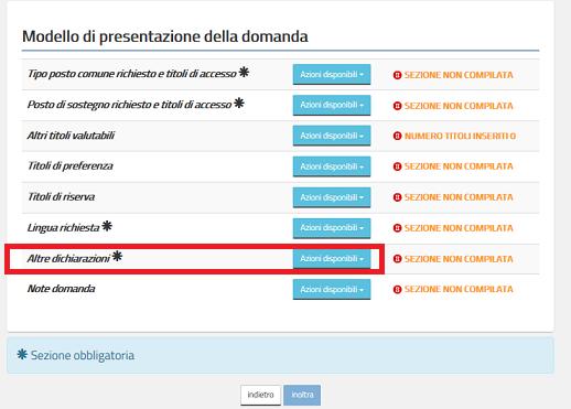 Se l utente vuole inserire la Altre dichiarazioni, deve cliccare su Azioni disponibili della relativa sezione e quindi sul tasto Inserisci come già descritto.