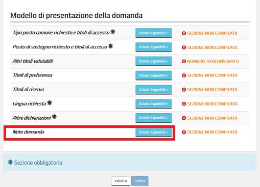 Se l utente volesse inserire le Note dovrà cliccare su Note Domanda Sezione dedicata all inserimento di eventuali note a testo libero.