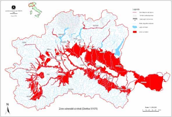 La direttiva 91/676/CEE è stata attuata in Italia sempre tramite il D.Lgs.152/99 e s.m.i. In relazione quindi all applicazione del combinato disposto di cui al D.Lgs. 152/99 le Regioni del bacino del fiume Po hanno individuato quali vulnerabili le zone riportate in Figura 9.