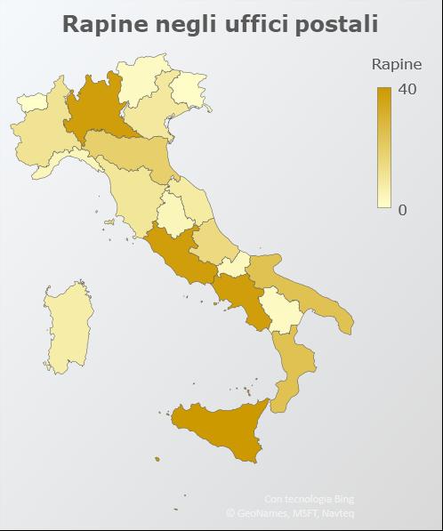 d Aosta (dove non si sono verificati episodi) e in Liguria, mentre una recrudescenza si è verificata in sei regioni tra cui il Veneto dove le rapine sono passate da 2 a 9.