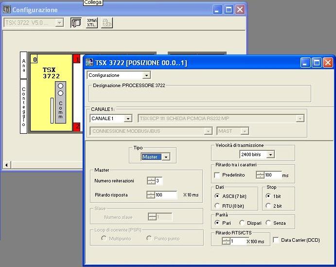 3.3 - IMPLEMENTAZIONE: Plc - Master Configurazione comunicazione: MODBUS MASTER Numero reiterazioni= 1 Ritardo risposta= 100*10ms Vel.trasm.