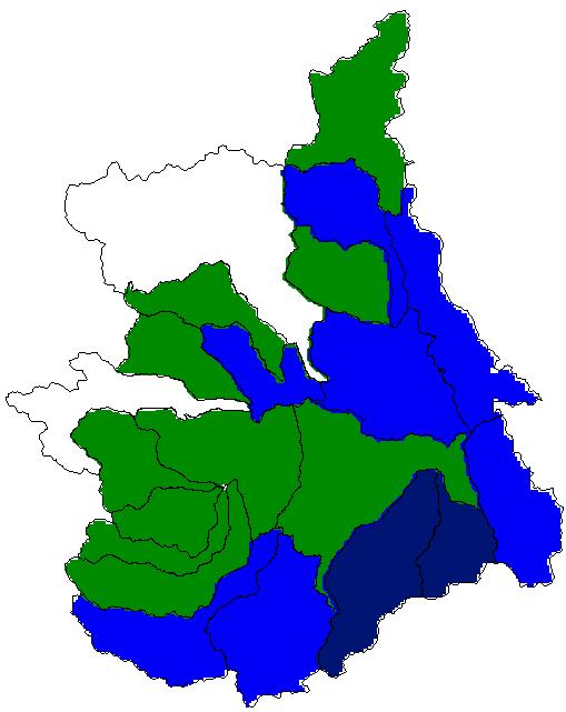 Figura 12. Severità della siccità meteorologica registrata sui bacini idrografici piemontesi.