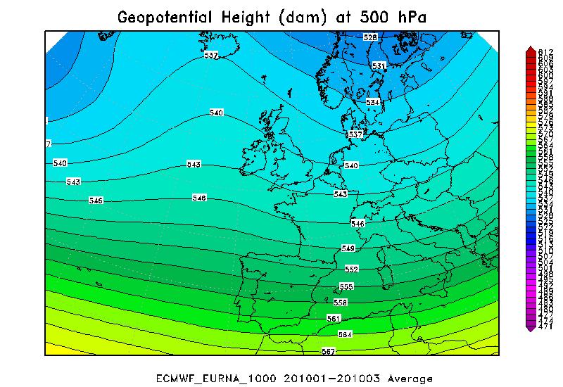 Figura 1 - Geopotenziale a 5 hpa del trimestre gennaio-febbraio-marzo 21 (a sinistra) a confronto con il periodo climatico 1957 22 (al centro) e loro differenza (a destra).