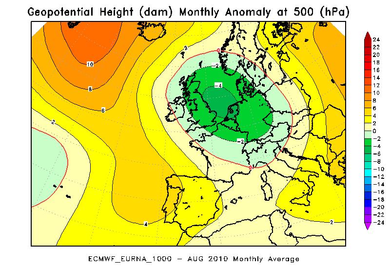 Figura 5 - Geopotenziale a 5 hpa del mese di agosto nell anno 21 (a sinistra) a confronto con il periodo climatico 1957 22 (al centro) e loro differenza (a destra) Tale depressione nord-atlantica è