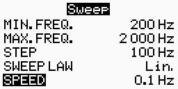 signal) SWEEP MENU > accesso o uscita tenendo premuto il pulsante menu Un generatore sweep genera una frequenza che cambia nel tempo e varia automaticamente nel range impostato.