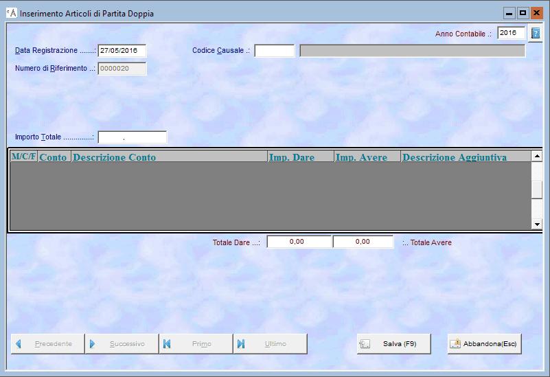 Figura 26 Finestra standard per l inserimento articoli di partita doppia. Testata della registrazione contabile.