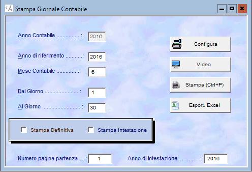 Figura 40 Cliccando o premendo il tasto invio su Stampa Libro Giornale si apre la finestra per impostare i parametri di stampa del giornale di contabilità (Figura 41).