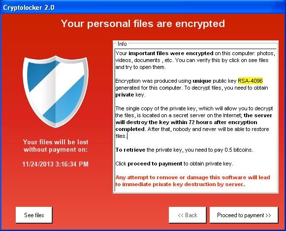virus Crypto locker In genere arriva via email: l apertura di un allegato attiva il virus Vengono crittografati tutti i dati e viene richiesto il pagamento di un riscatto per