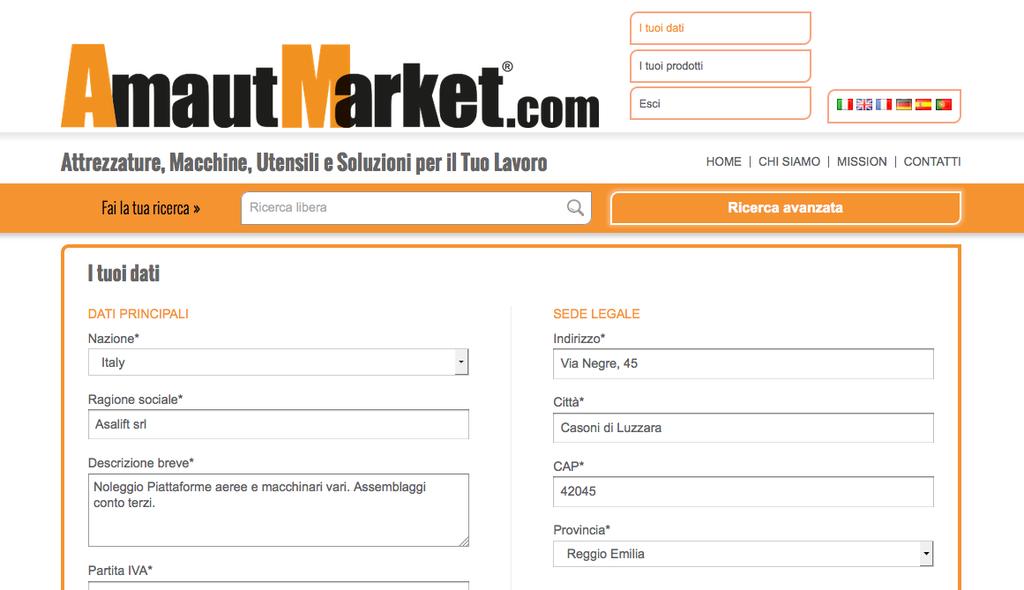Dopo aver effettuato l accesso con username e password, in alto accanto al logo Amaut Market sono disponibili i bottoni per immettere i dati della propria Azienda (bottone I tuoi dati ) come da