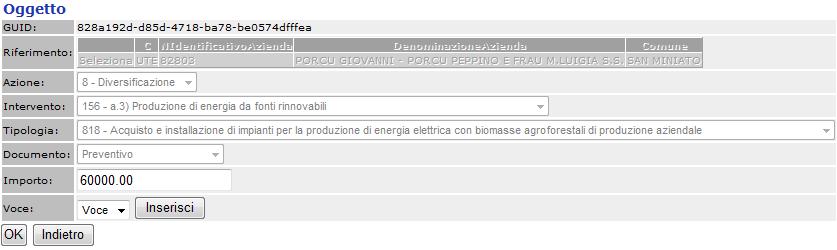 Nella scheda Oggetto sono visibili in grigio ovvero non modificabili, i campi che compongono la tipologia di spesa da rendicontare.