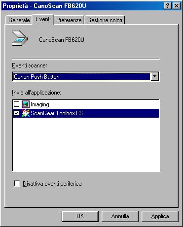 4. Verificare che [Pulsante di comando Canon] sia impostato in [Eventi scanner], quindi selezionare l unico programma software da lanciare con il pulsante di avvio dalla