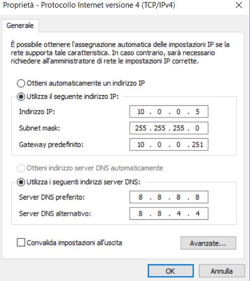 Per abilitare la connessione fra PWR e CN in RS232 procedere come segue: 1) Tramite un PC WiFi impostare sulla rete indirizzo IP Statico es 10.