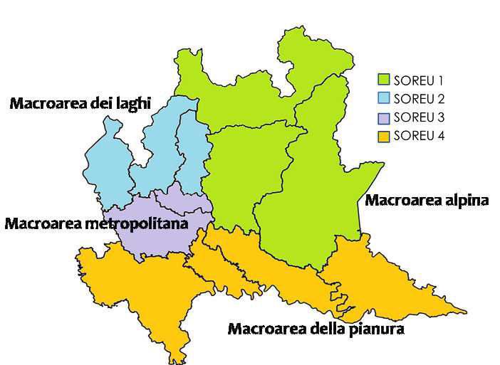 macroarea metropolitana, cui afferiscono circa 4 milioni di abitanti, comprendente la SOREU di Milano e le AAT di Milano e Monza Brianza macroarea della pianura, cui afferiscono circa 1,5 milioni di