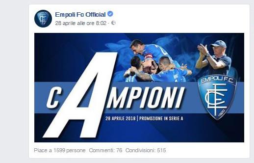 CONTENUTI SOCIAL DEL MESE L Empoli si è garantito la promozione in Serie A con 4 giornate di anticipo.