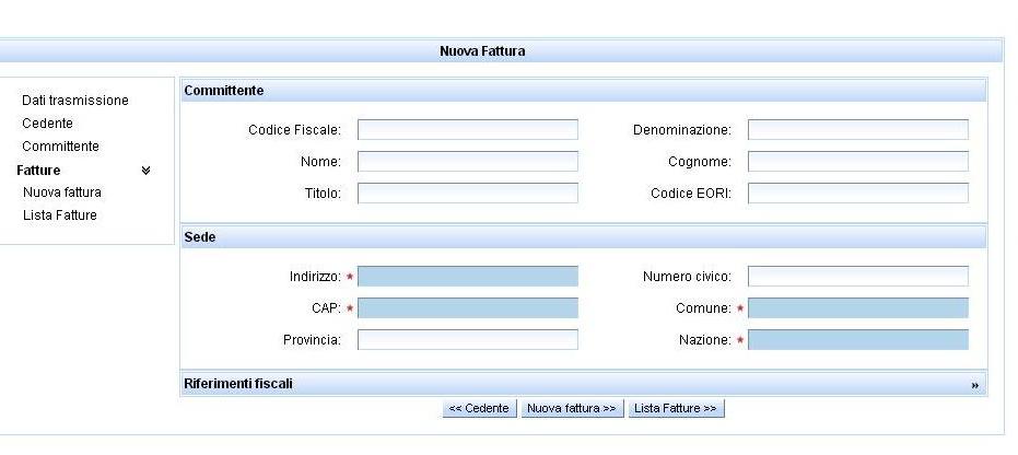 FATTURA ELETTRONICA Anagrafica Committente Nella sezione relativa ai Dati del Committente dovranno essere compilati, almeno, i campi obbligatori (indicati con l asterisco): Per il Codice Fiscale, il