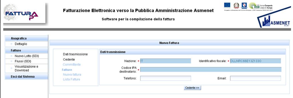 COMPILAZIONE DELLA FATTURA ELETTRONICA Per comporre una fattura, cliccare sulla voce Nuovo Lotto SDI del menu di sinistra.