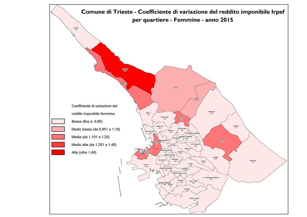 Nel 2015 a Trieste il coefficiente di variazione del reddito