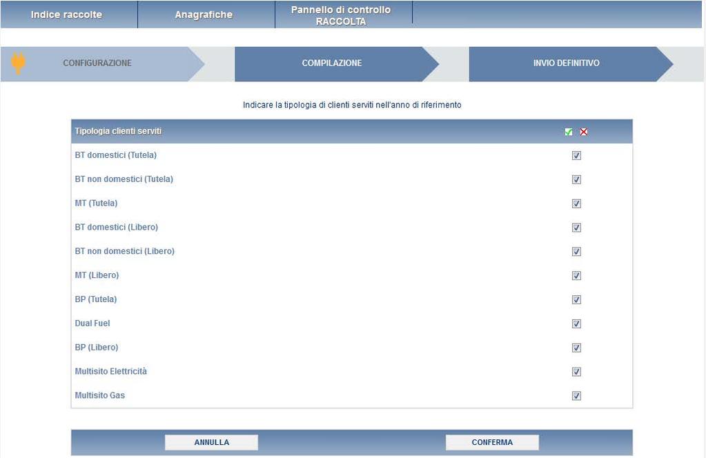 Figura 3.4: fase di configurazione Per confermare la selezione effettuata cliccare sul pulsante CONFERMA : sarà possibile accedere alla schermata successiva che riepiloga le scelte effettuate.