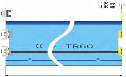 2 TR60D90 SOLO 4 conduttori 90 TR60404C3-TR60405C3-TR60404C-TR60405C TR60604C3-TR60605C3-TR60604C-TR60605C linea TR60 busbar pre-montata Linea Amp N conduttori Lunghezza L TR60 40=