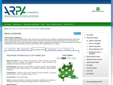 Dati metereologici Meteo Lombardia Viene realizzato da ARPA e aggiornato quotidianamente dal lunedì al sabato (emissione alle ore