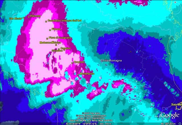 Mappa di precipitazione cumulata giornaliera del 31/10/2010 su cui sono riportate le stazioni pluviometriche che hanno registrato i valori massimi di precipitazione riportati anche in tabella.