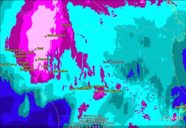 Mappa di precipitazione cumulata giornaliera del 01/11/2010 su cui sono riportate le stazioni pluviometriche che hanno registrato i valori massimi di precipitazione riportati anche in tabella.