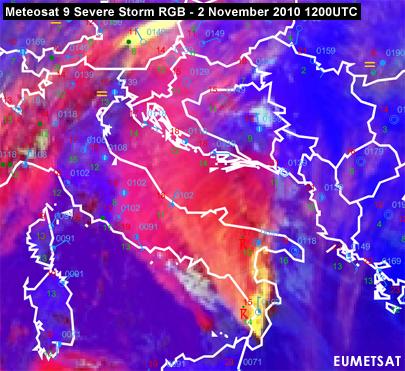 Post-elaborazione di dati da satellite RGB Severe Storm, relativa al 2 Novembre 2010 alle 12.00 UTC.