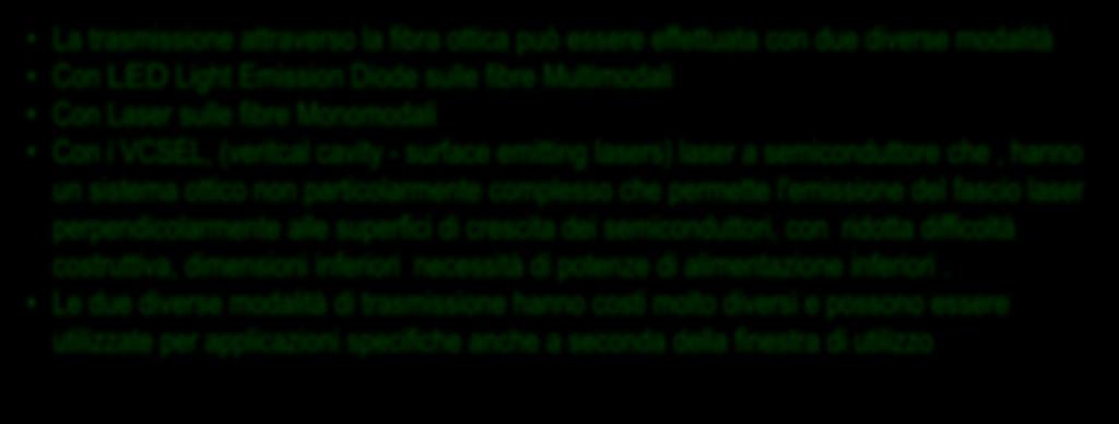 Trasmissione sulla fibra La trasmissione attraverso la fibra ottica può essere effettuata con due diverse modalità Con