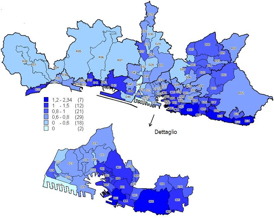 Figura 17: Mappa dei differenziali delle quotazioni nelle zone OMI estre Nelle tabelle che seguono sono declinati, per ciascuna macroarea urbana, i valori del e delle quotazioni medie in ogni zona