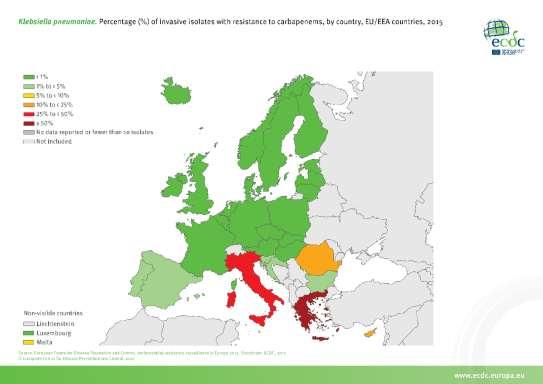 Klebsiella pneumoniae Carbapenemi PIEMONTE 2015-2016. Numero di isolati da sangue e liquor testati (N), % di non sensibili (%I/R) e intervalli di confidenza.