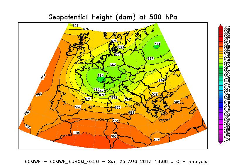 Figura 4 Analisi dell altezza di geopotenziale a 500 hpa alle ore 18 UTC del 25 Agosto 2013. Elaborazione ARPA Piemonte su dati ECMWF.