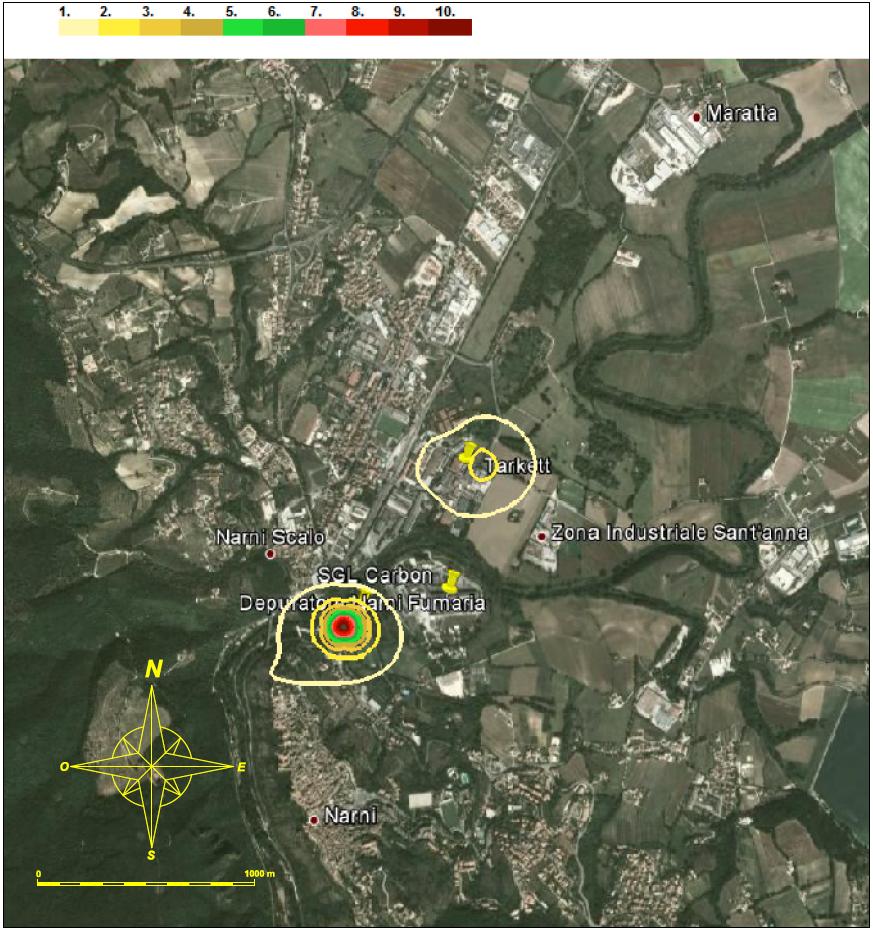 Impatto olfattivo: Narni Scalo Mappa del 98 percentile su base annua della concentrazione di picco di odore (scala: