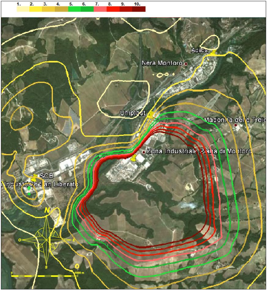 Impatto olfattivo: Nera Montoro/ San Liberato Mappa del 98 percentile su base annua della concentrazione di picco di odore (scala: 1-10 oue/m3) Impatto olfattivo non trascurabile, di cui i maggiori