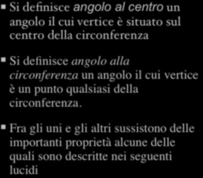 angoli al centro ed alla circonferenza Si defince angolo al centro un angolo il cui vertice è situato sul centro della circonferenza Si defince angolo alla circonferenza un