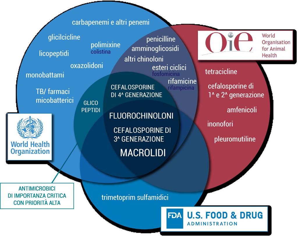 Figura 3. Antibiotici di importanza critica individuati da WHO, OIE e FDA. Figura 4. Antibiotici di importanza critica usati nei trattamenti di massa. Regione Emilia-Romagna 2013-2014.