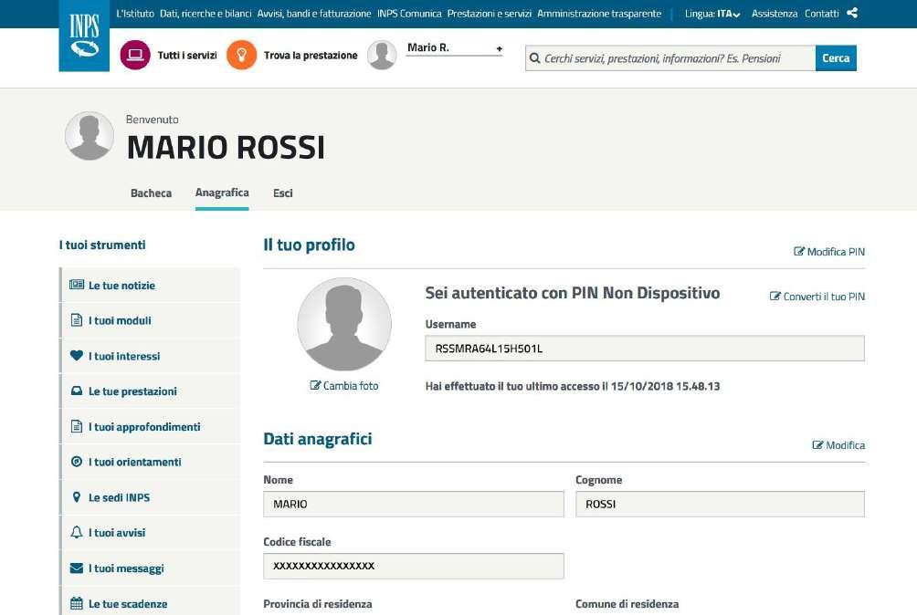 L Anagrafica Nella sezione Anagrafica si trova il riepilogo dei dati anagrafici e dei riferimenti di contatto con l Istituto, nonché la data dell ultimo accesso effettuato.