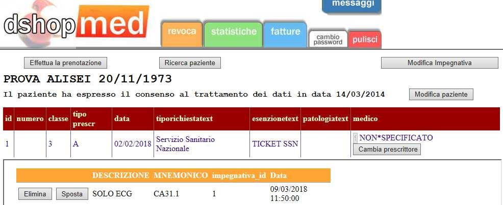 Tornati alla schermata precedente per salvare la prestazione premere su Effettua la prenotazione, invece per eliminare la prestazione premere il tasto Elimina.