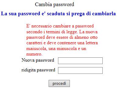 Inserire la nuova password che deve essere di minimo 8 caratteri con una lettera maiuscola, minuscola e deve contenere almeno