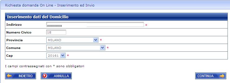 Figura 6 Servizio di mobilità ordinaria: inserimento dati del domicilio La pressione del pulsante Continua, comporterà la visualizzazione della pagina dedicata alla gestione dei dati dell ultimo