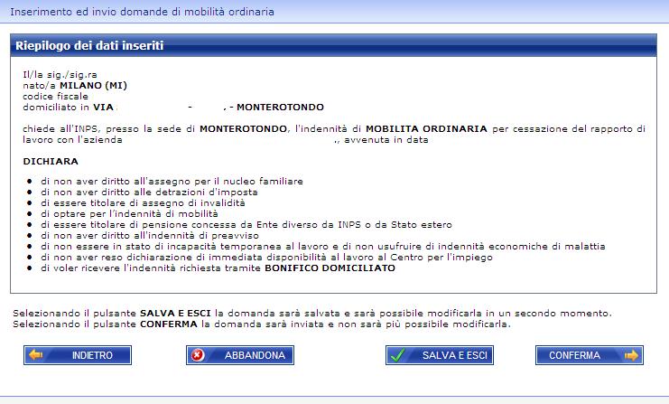 viene proposto il riepilogo delle informazioni inserite nella domanda.