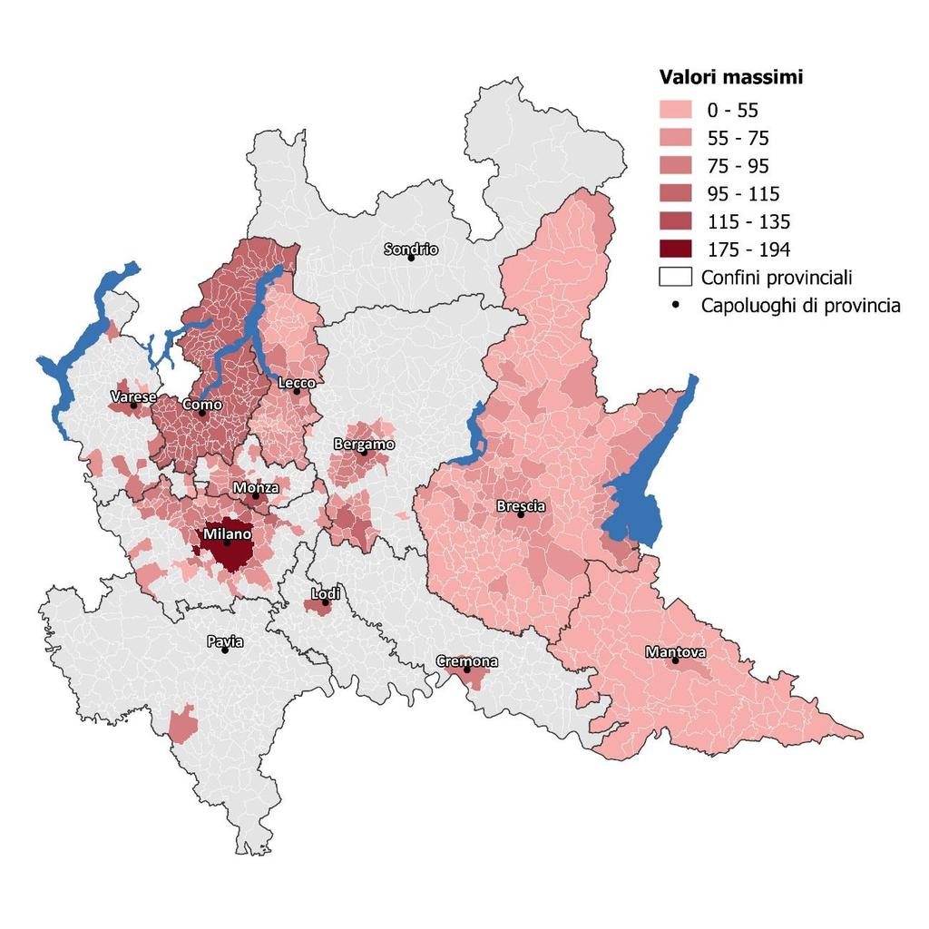 Figura 3 Comuni in cui vige un accordo locale per valore massimo del canone (in /mq. annui). Fonte: elaborazione Politecnico di Milano sul database degli accordi locali lombardi, 2018.