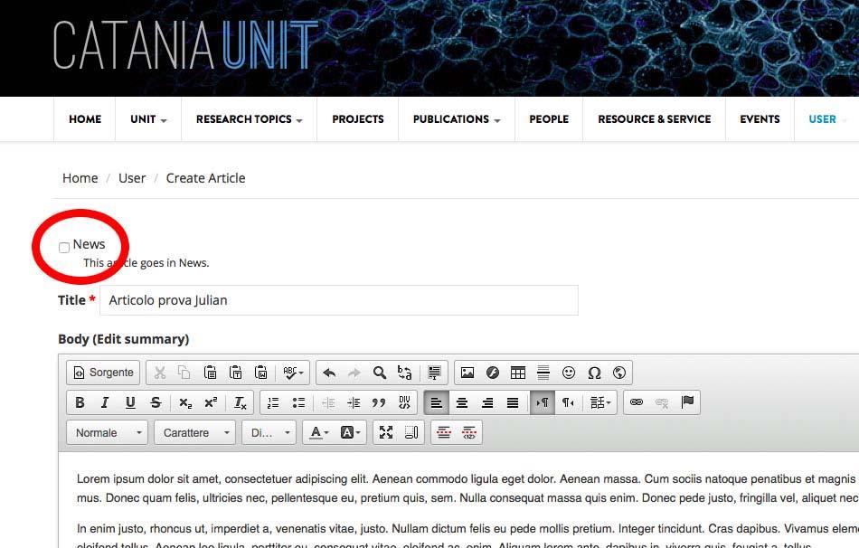 Formattazione contenuti in fase di editing Solo per gli articoli possiamo decidere se deve apparire in home page tra le news o meno.