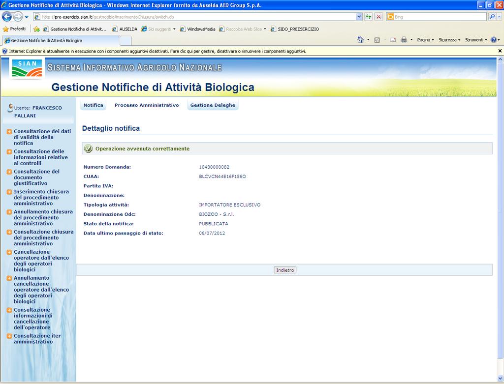 La pagina visualizzata mostra un messaggio che indica che l'operazione chiuderà il procedimento amministrativo ponendo la notifica nello stato PUBBLICATA Le informazioni che è possibile inserire