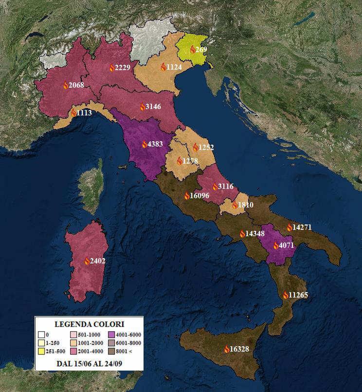 Tavola 8 Numero di incendi di vegetazione contrastati con squadre di terra del C.N.VV.F. Totale dal 15.06.2017 al 24.09.